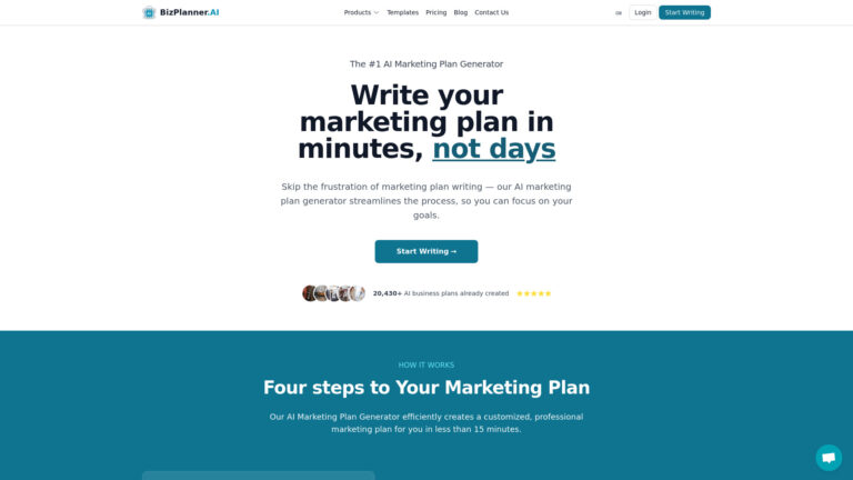Zrzut ekranu strony www nazędzia AI AI marketing plan generator