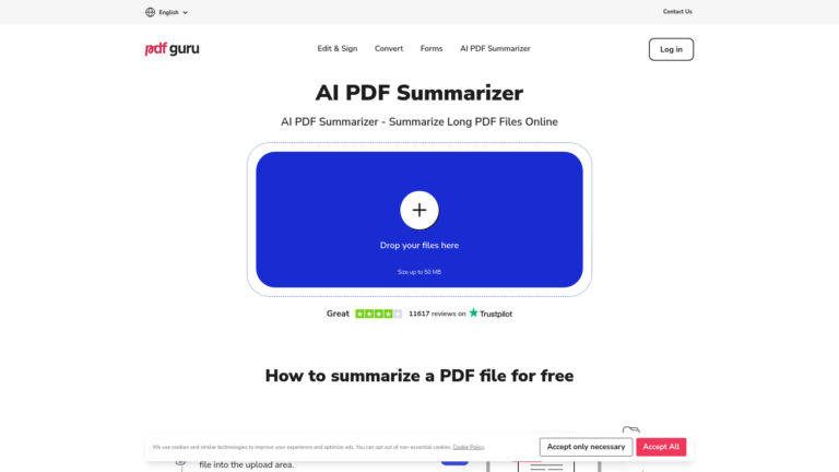 Zrzut ekranu strony www nazędzia AI AI PDF Summarizer by PDF Guru