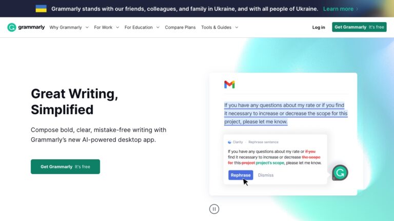 Zrzut ekranu strony www nazędzia AI Grammarly